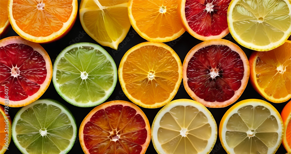 Fototapeta premium Green , Yellow , Red and orange sliced citrus in row isolated on green background