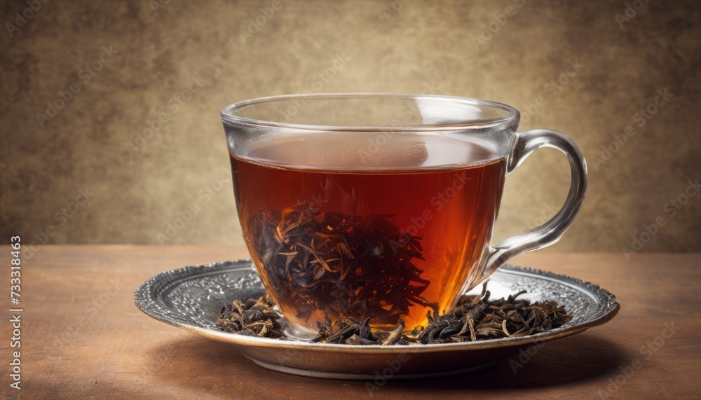 A cup of tea with a spoon and tea leaves A cup of tea with a spoon and tea leaves