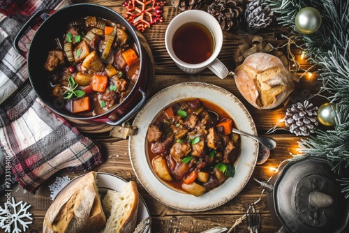 Rustic Beef Stew with Artisan Bread on Wooden Table