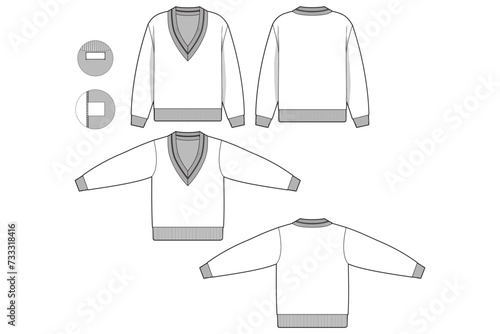 deep v-neck collegiate sweater flat technical drawing illustration mock-up template for design and tech packs men or unisex fashion CAD streetwear women.