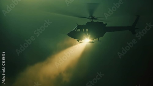 Search helicopter fly foggy sky at night time. Propeller plane flight. Chopper cruising high altitude try to find missing people. Copter propelling forward with flash light. Minimalistic photo. photo