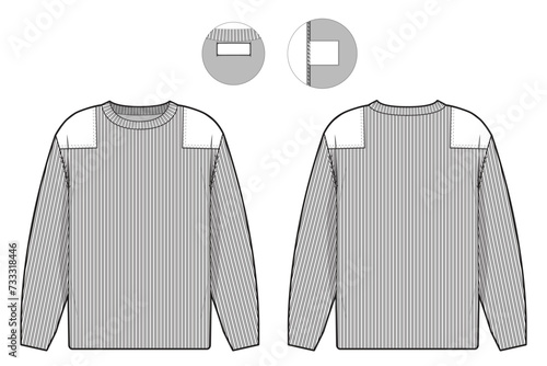 commando military crewneck sweater flat technical drawing illustration mock-up template for design and tech packs men or unisex fashion CAD streetwear women.