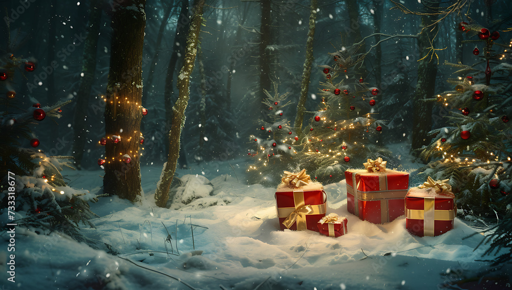 christmas snowy winter scene with presents in - obrazy, fototapety, plakaty 