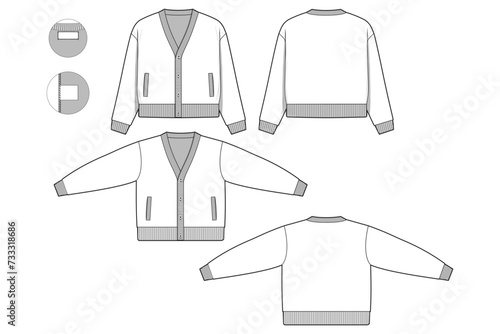 Oversized button cardigan sweater flat technical drawing illustration mock-up template for design and tech packs men or unisex fashion CAD streetwear women.