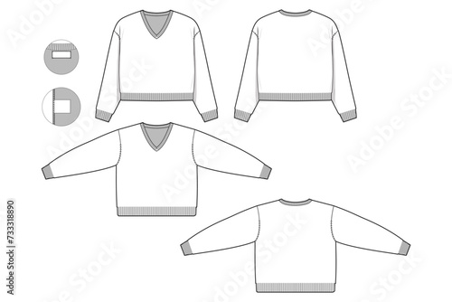 Oversized cropped v-neck sweater flat technical drawing illustration mock-up template for design and tech packs men or unisex fashion CAD streetwear women baggy loose