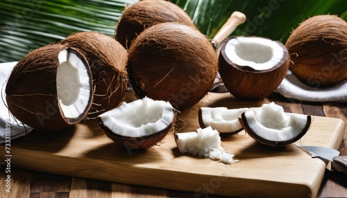 A wooden cutting board with coconuts and coconut meat
