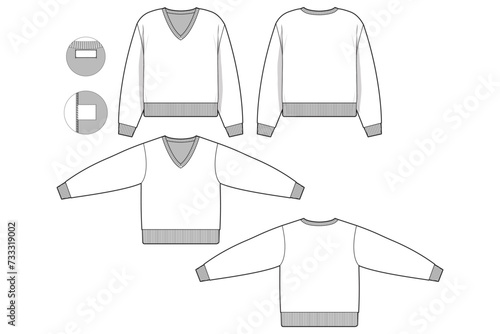 v-neck sweater flat technical drawing illustration mock-up template for design and tech packs men or unisex fashion CAD streetwear women.