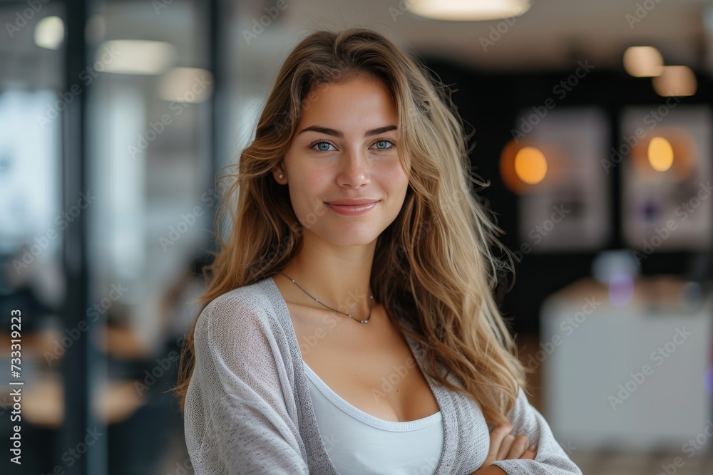 A radiant lady exudes confidence and joy as her long, layered hair frames her warm smile in this stunning indoor portrait A radiant lady exudes confidence and joy as her long, layered hair frames her warm smile in this stunning indoor portrait