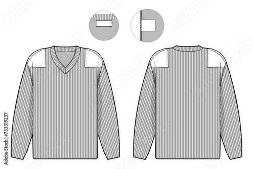 officer v-neck sweater flat technical drawing illustration mock-up template for design and tech packs men or unisex fashion CAD streetwear women.