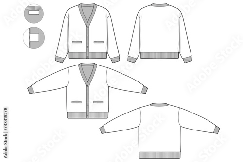 oversized cardigan sweater flat technical drawing illustration mock-up template for design and tech packs men or unisex fashion CAD streetwear women baggy loose