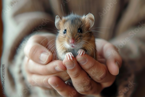 A curious person gently cradles a tiny grasshopper mouse, their hand forming a protective barrier for the delicate rodent amidst a sea of muridae and muroidea photo