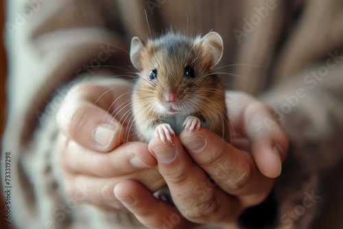 A curious person gently cradles a tiny grasshopper mouse, their hand forming a protective barrier for the delicate rodent amidst a sea of muridae and muroidea