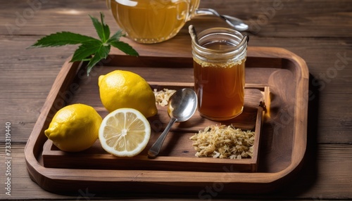 A wooden tray with lemon slices, honey and a spoon