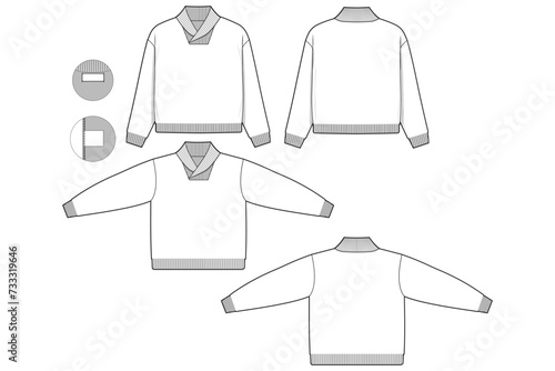 Oversized shawl collar sweater flat technical drawing illustration mock-up template for design and tech packs men or unisex fashion CAD streetwear women.