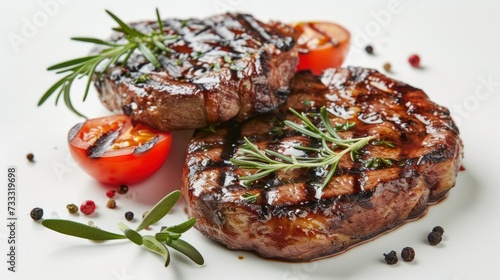 Grilled steaks with fresh herbs and tomatoes isolated on a white background.