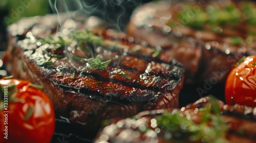 Close-up Grilled steaks with fresh herbs and tomatoes