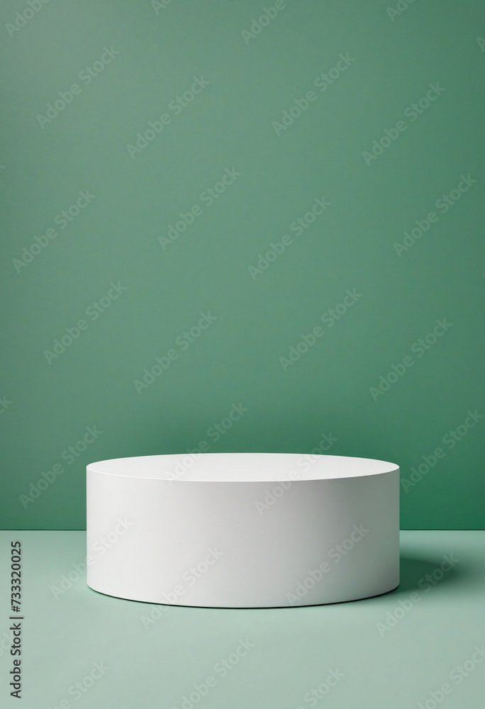 Front view of white round empty podium on green background. Minimal art background with copy space for cosmetics product presentation. Front view of white round empty podium on green background. Minimal art background with copy space for cosmetics product presentation.