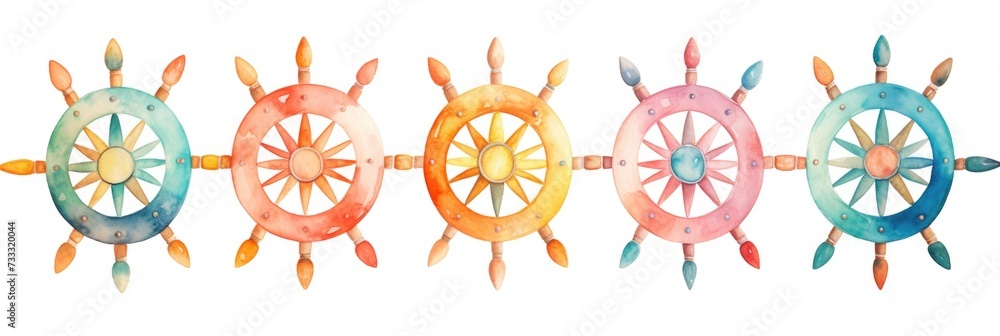childish colorful watercolor background of ship steering wheel