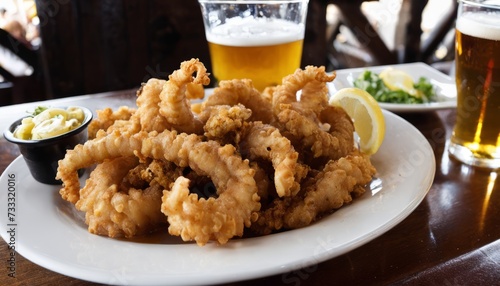 A plate of breaded onion rings and a glass of beer
