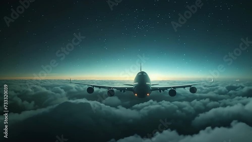 Commercial airplane fly sky above cities. Passenger plane flight. Aircraft cruising high altitude. Business jet propelling forward. Fluffy white cumulus clouds. Travel destination rount. Vacation trip