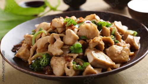 A dish of chicken and broccoli on a plate