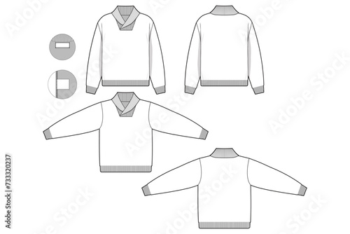 shawl collar sweater flat technical drawing illustration mock-up template for design and tech packs men or unisex fashion CAD streetwear women.