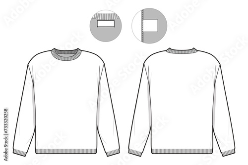 slim fit crewneck sweater flat technical drawing illustration mock-up template for design and tech packs men or unisex fashion CAD streetwear women.
