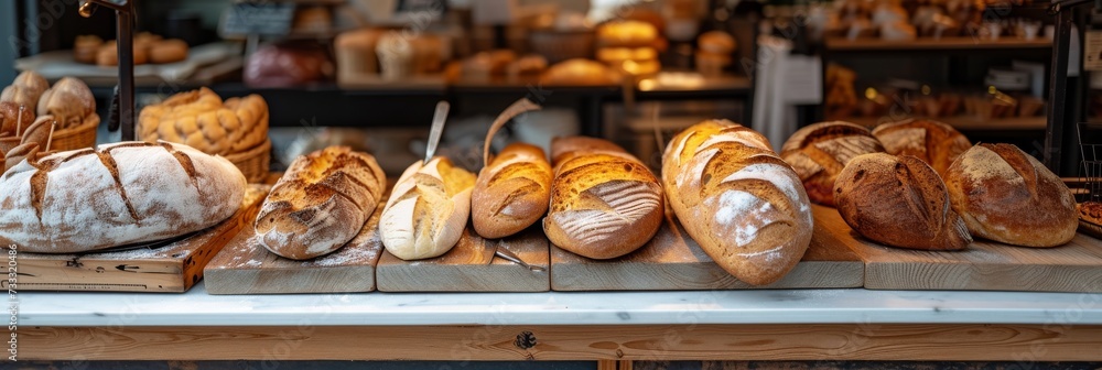 Assortment of Freshly Baked Breads and Pastries at a Bakery Display