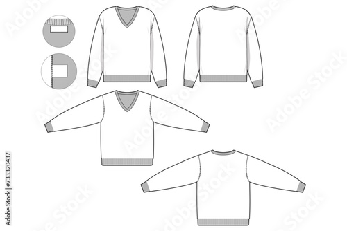 reg fit v-neck sweater flat technical drawing illustration mock-up template for design and tech packs men or unisex fashion CAD streetwear women.
