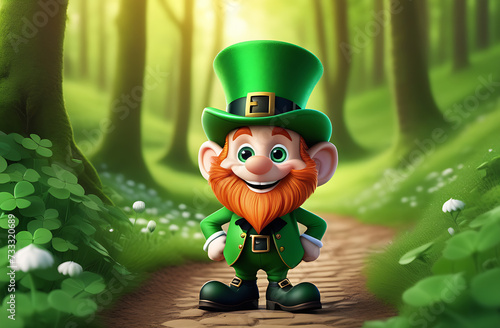 cheerful cartoon leprechaun on a forest path