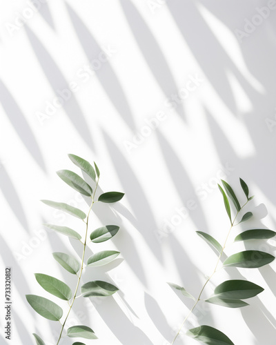 Blurred shadow of plant leaves on the white wall background