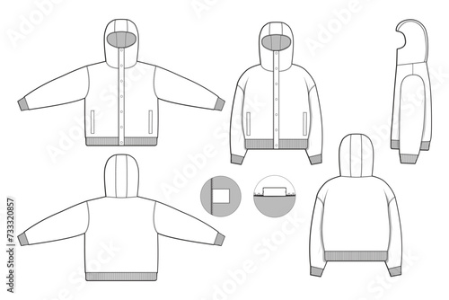 balaclava hoodie sweatshirt zip flat technical drawing illustration mock-up template for design and tech packs men or unisex fashion CAD streetwear baggy loose oversized