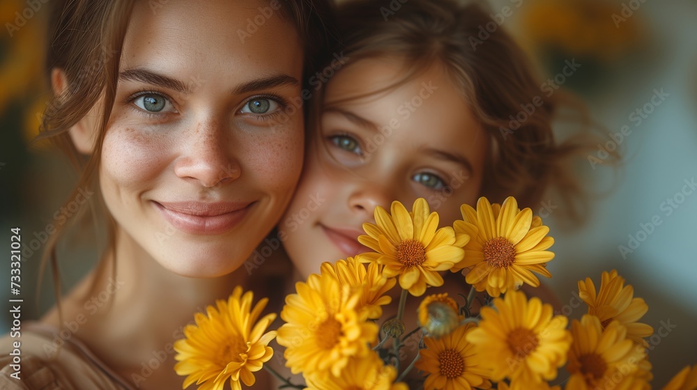 Mother and Daughter Sharing a Tender Moment on Mothers Day With Bright Yellow Flowers Mother and Daughter Sharing a Tender Moment on Mothers Day With Bright Yellow Flowers