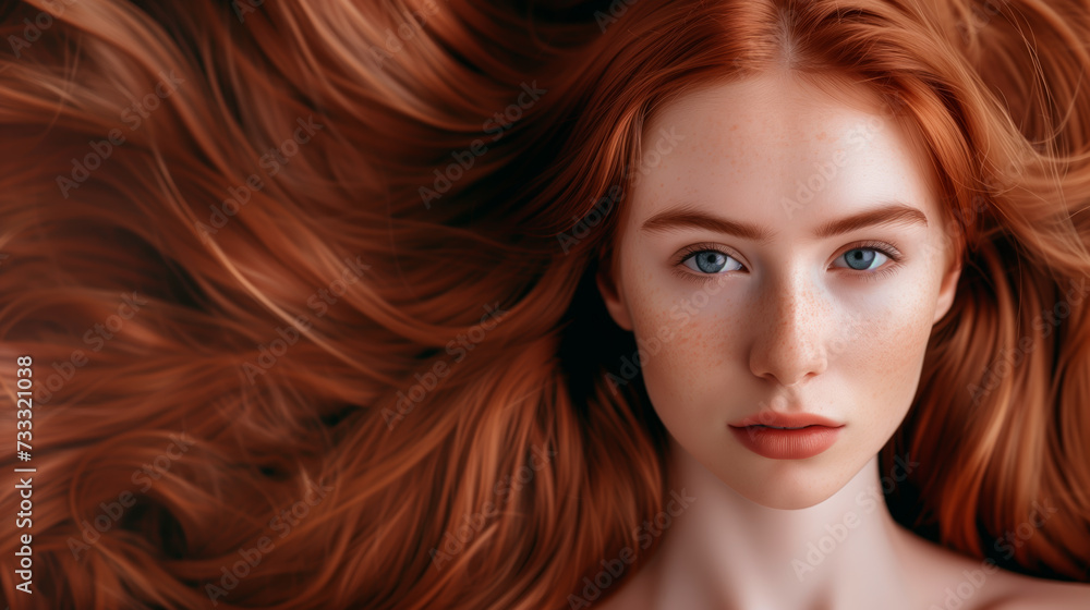Redheaded woman with flowing hair, beauty and haircare concept.
Redheaded woman with flowing hair, beauty and haircare concept.