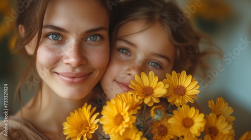 Mother and Daughter Sharing a Tender Moment on Mothers Day With Bright Yellow Flowers