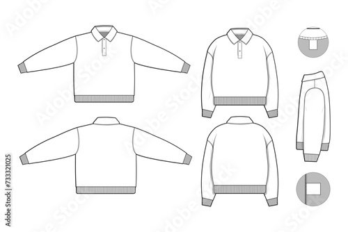 collared pullover sweatshirt sweater polo flat technical drawing illustration mock-up template for design and tech packs men or unisex fashion CAD streetwear baggy loose oversized