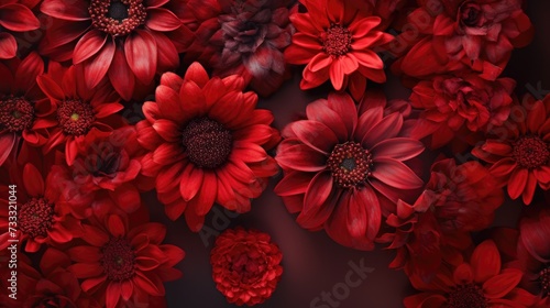 Red flowers, close-up with selective focus and dark blurred background. Beautiful, rich background.