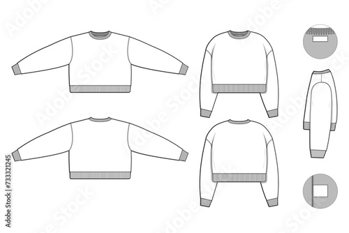 pullover cropped crewneck sweatshirt flat technical drawing illustration mock-up template for design and tech packs men or unisex fashion CAD streetwear baggy loose oversized