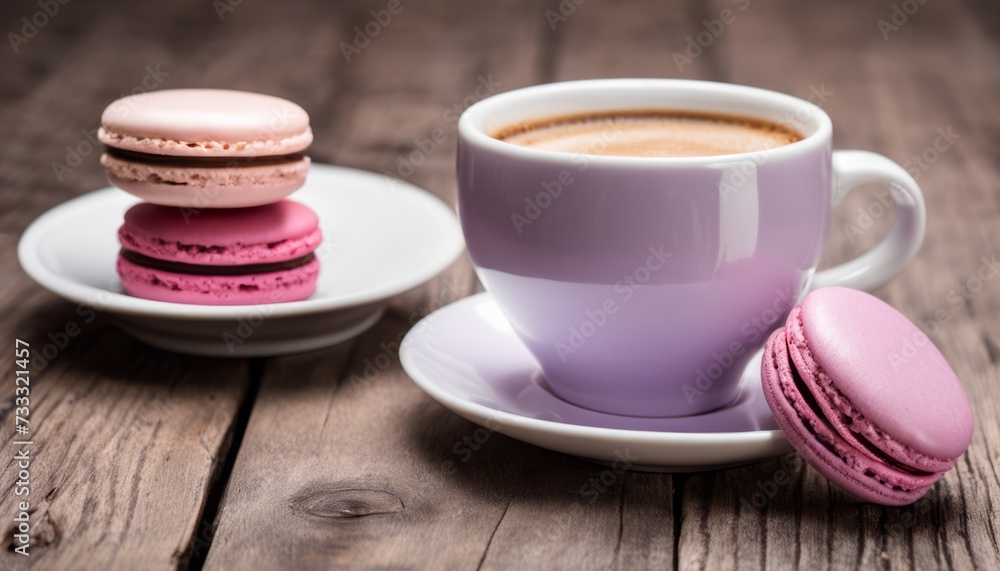 A cup of coffee and a macaron on a plate A cup of coffee and a macaron on a plate