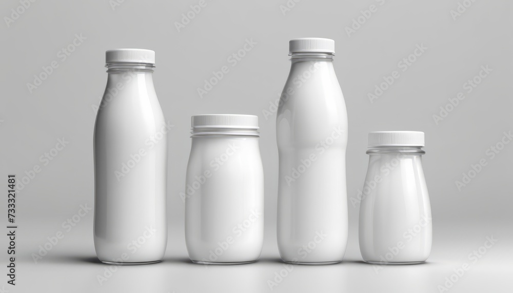 Three white milk bottles with white caps - obrazy, fototapety, plakaty 