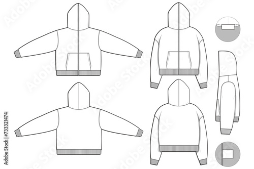 cropped Full zip hoodie sweatshirt flat technical drawing illustration mock-up template for design and tech packs men or unisex fashion CAD streetwear baggy loose oversized