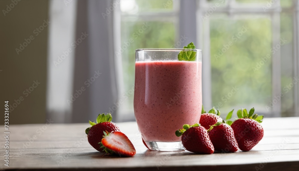 A glass of strawberry milkshake with strawberries on a table A glass of strawberry milkshake with strawberries on a table