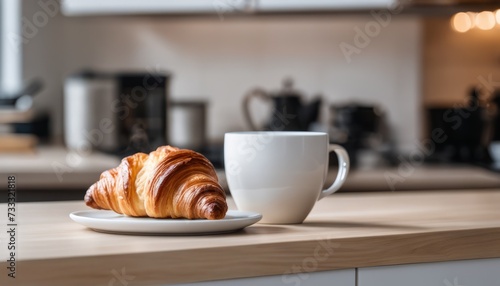 A croissant and a cup of coffee on a counter