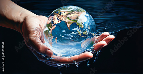 hand holding drop of water representing planet earth