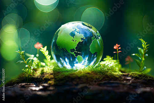 the planet earth in the shape of a drop of water resting on land with green grass and some flowers blooming