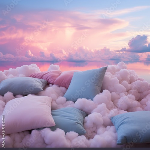 Clouds shaped like fluffy pillows, floating in a serene sky of blended blues and pinks