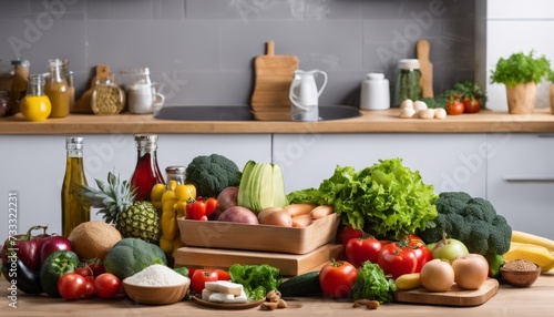 A wooden table full of fresh vegetables and fruits