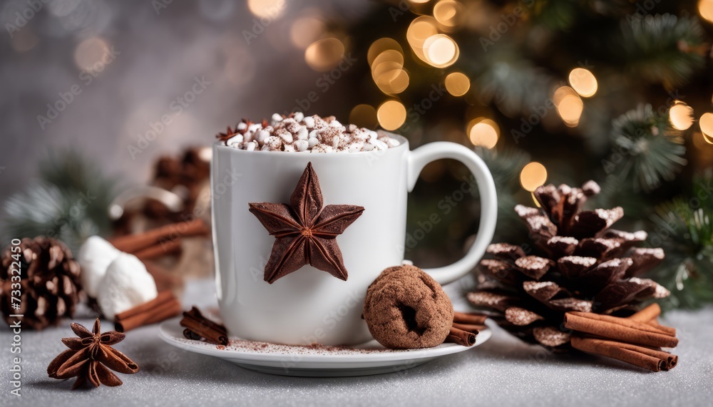 A cup of coffee with a star on top and a cookie A cup of coffee with a star on top and a cookie