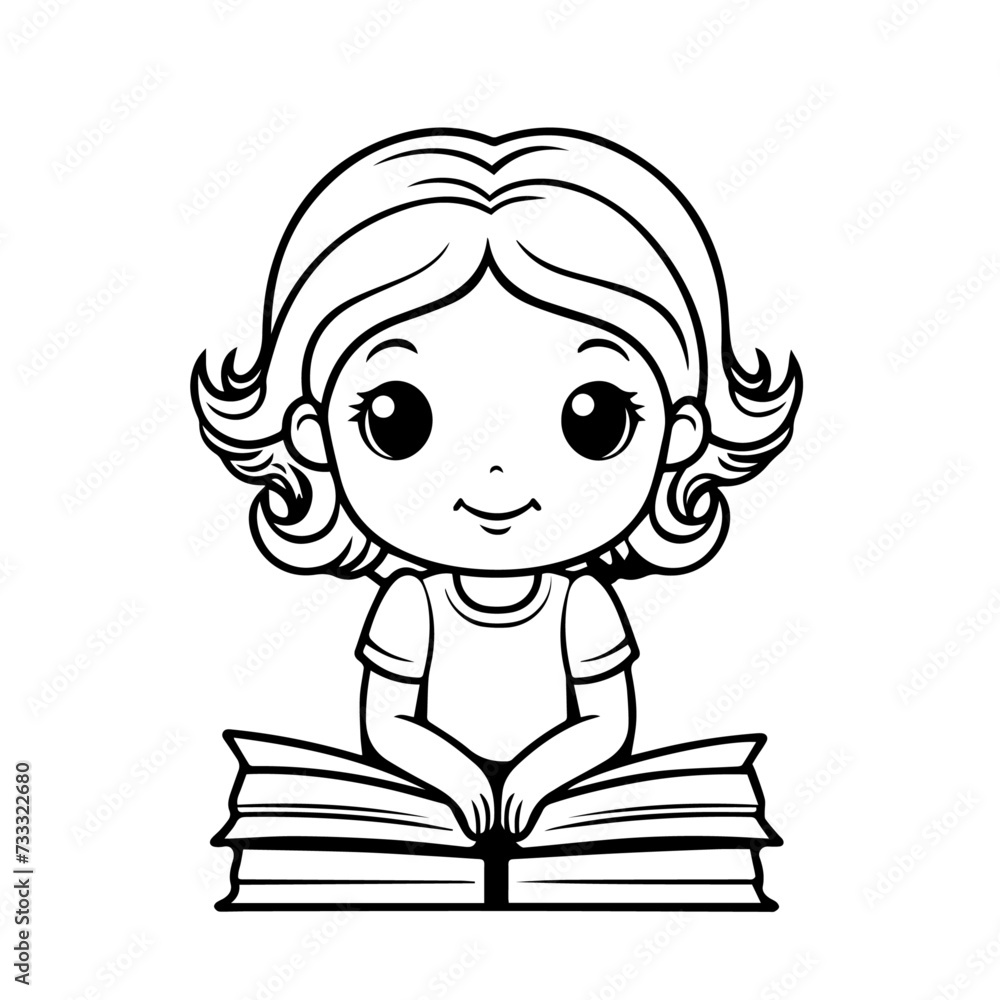 Black and white outline of a cartoon girl reading a book, perfect for coloring in