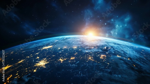 Panoramic view on planet Earth globe from space. Glowing city lights, light clouds. Generative AI photo